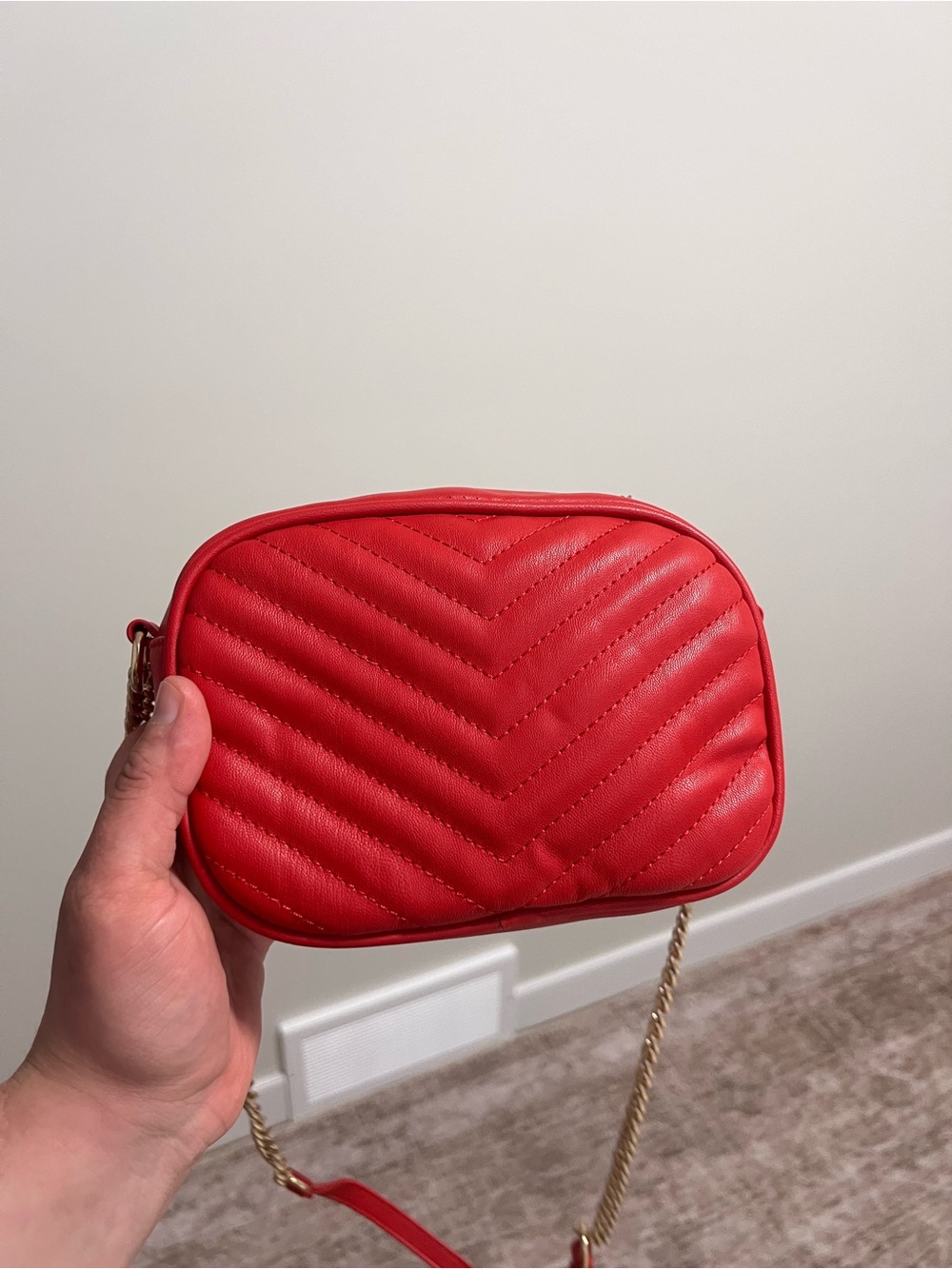 Red Quilted Crossbody Bag with Gold Chain Strap